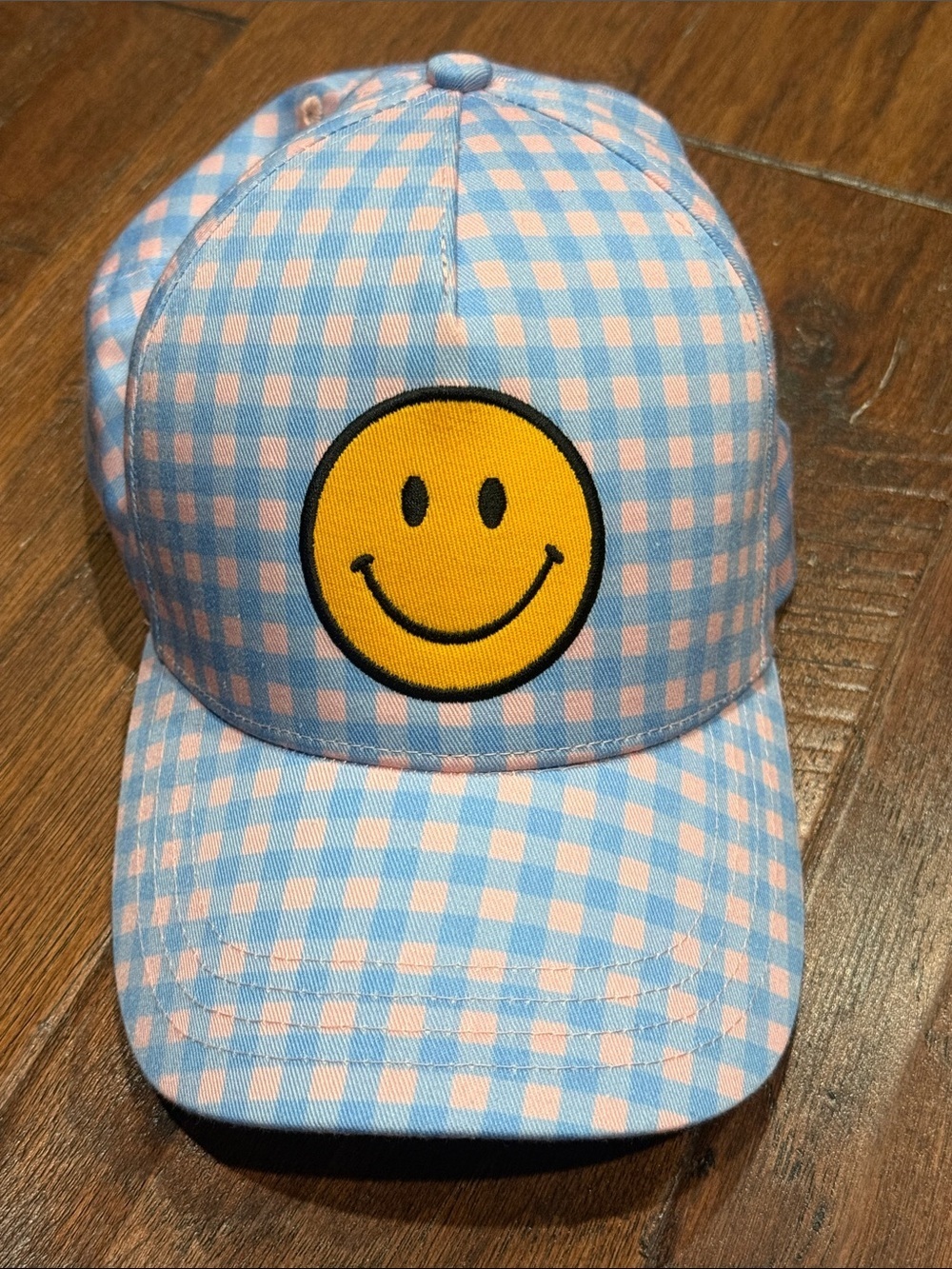 Blue & Pink Gingham Smiley Face Baseball Cap